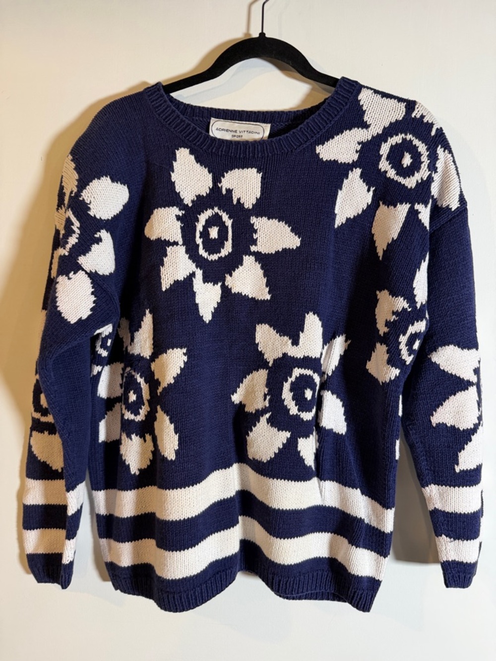 Adrienne Vittadini Navy and White Floral Crewneck Sweater
